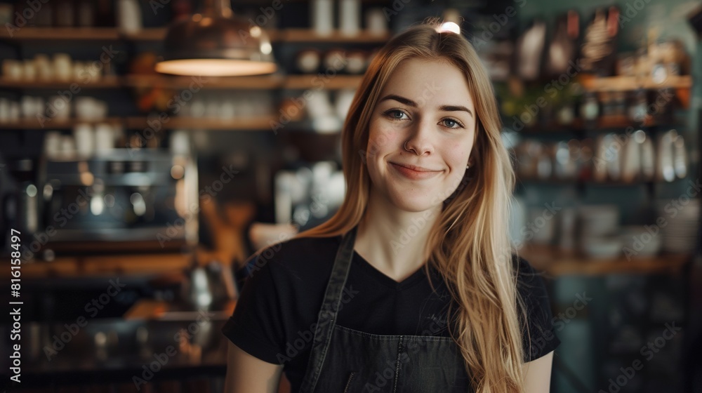 Smiling waitress or cafe business owner entrepreneur looking at camera