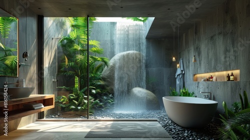 Fototapeta Naklejka Na Ścianę i Meble -  Cyberpunk of Tropical bathroom with open walls and a refreshing waterfall feature,Magazine photography style