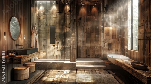 Dadaism of Rustic bathroom with natural wood finishes and a breeze flowing through in heat Futurism dynamic movement