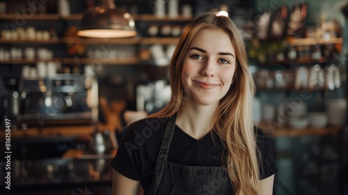 Smiling waitress or cafe business owner entrepreneur looking at camera