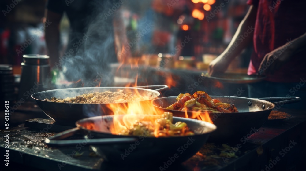 Street food vendor cooking with fiery passion, flames engulfing the wok, capturing the vibrant essence of street cuisine Street food vendor cooking with fiery passion, flames engulfing the wok, capturing the vibrant essence of street cuisine