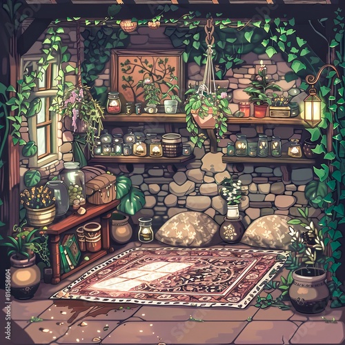 A magical potion shop with shelves of colorful, bubbling elixirs, a vibrant display of the magic and charm that lies in the heart of alchemy. photo