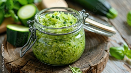 Grated zucchini served in a jar for creating a DIY face or hair mask ideal for a natural beauty regimen or spa treatment