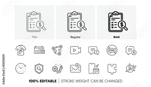 Video camera, T-shirt design and Video conference line icons. Pack of Windmill turbine, Comment, Calendar icon. Time change, Puzzle, Accounting report pictogram. Engineering, Chat bubble. Vector