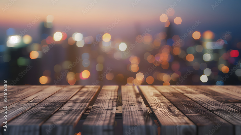 Table top made of wooden dies with beautiful blurry cityscape on background mockup : Generative AI Table top made of wooden dies with beautiful blurry cityscape on background mockup : Generative AI
