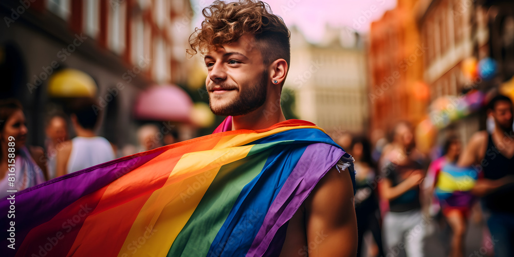 Fototapeta premium Portrait of a happy young man in the crowd people with colorful lgbt flags, gay pride month concept