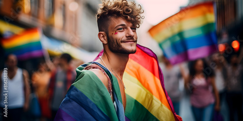 Portrait of a happy young man in the crowd people with colorful lgbt flags, gay pride month concept 