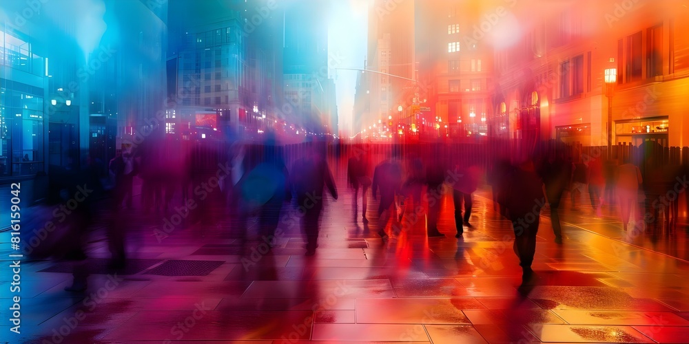 Fototapeta premium Urban Social Issues: Blurred Crowd in City Street Fog - Abstract Background. Concept Urban Living, Social Issues, City Streets, Abstract Art, Street Photography