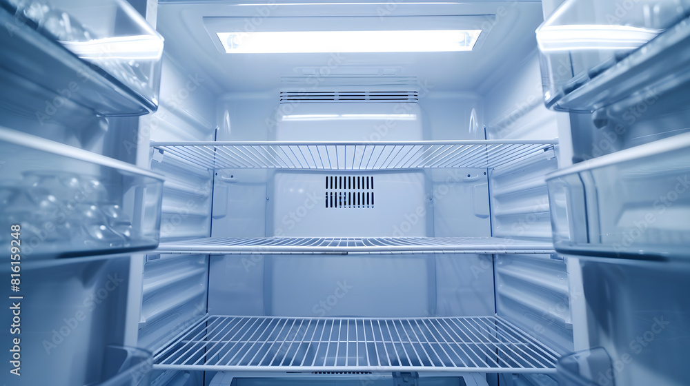 An empty refrigerator Inside an empty clean refrigerator a refrigerator compartment after defrosting shot with a wide angle lens : Generative AI An empty refrigerator Inside an empty clean refrigerator a refrigerator compartment after defrosting shot with a wide angle lens : Generative AI