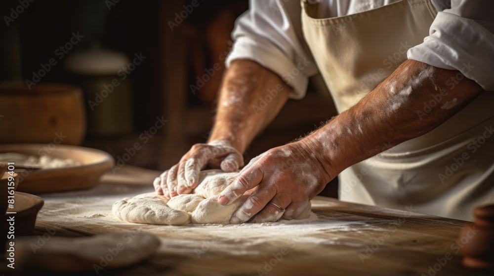 The hands of a baker press and fold dough on a floured wooden surface in a bakery The hands of a baker press and fold dough on a floured wooden surface in a bakery