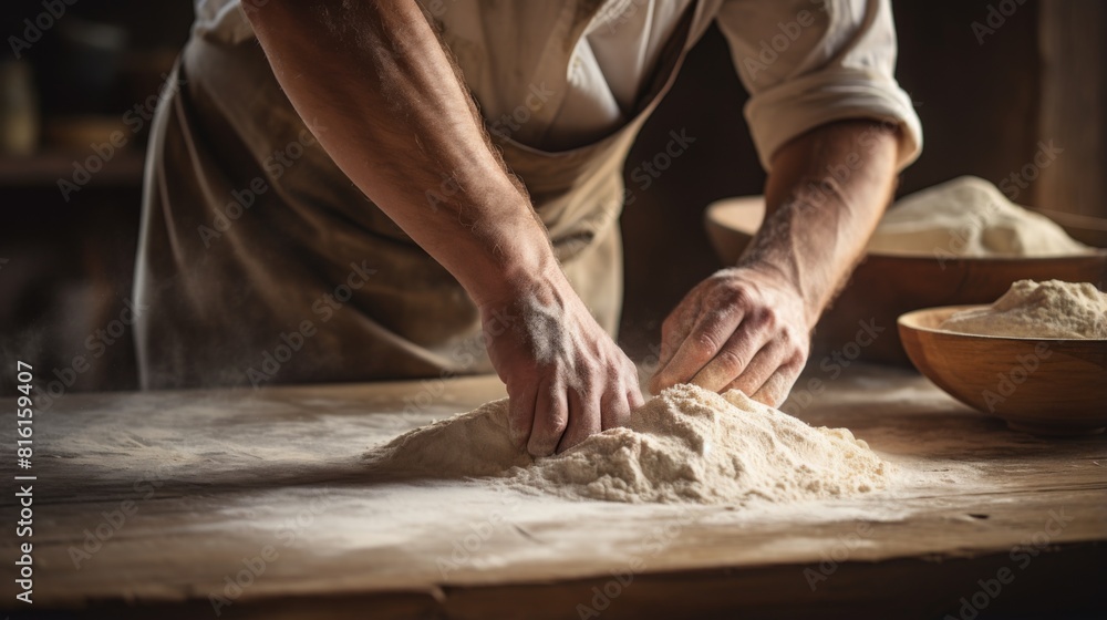 An artisan baker kneads fresh dough with care and precision, surrounded by ingredients on a rustic wooden counter