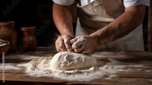 Close-up of a baker s hands shaping a loaf of bread on a floured wooden surface  illustrating the art of baking