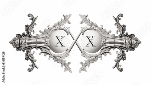 A symmetrical design featuring sophisticated silver baroque elements encircling the roman numerals XX on a clean background