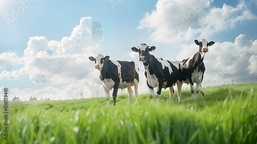 Healthy looking dairy cows standing on top of a green field in summer   Generative AI