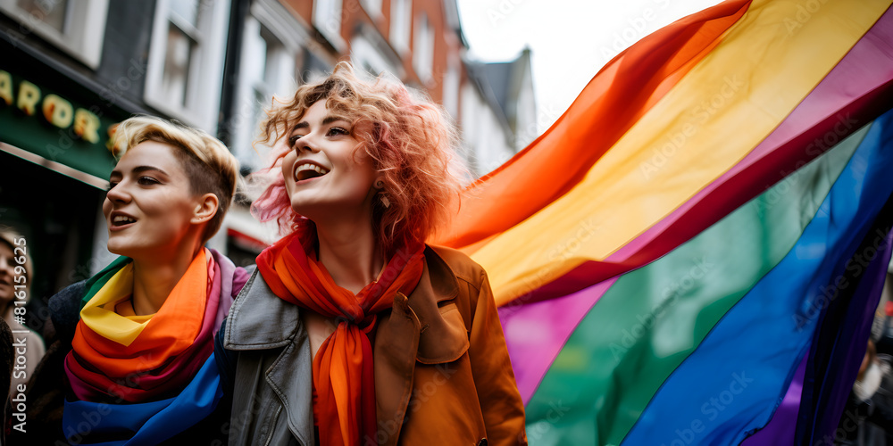 Portrait of a happy young woman with colorful lgbt flag in the crowd in the city, pride month concept  