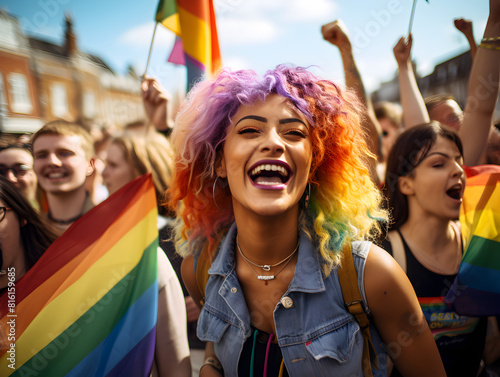 Portrait of a happy young woman with colorful lgbt flag in the crowd in the city, pride month concept  
