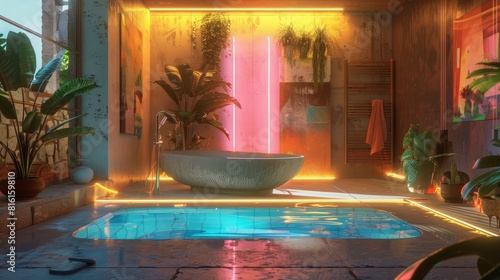 Neon Art of Bathroom with a freestanding stone tub in an open courtyard on a hot day Constructivist propaganda posters