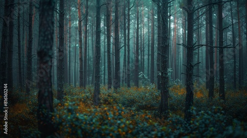 A forest at dusk  with the last light of day filtering through the rain and trees  creating a moody atmosphere.