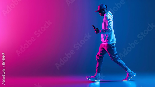 Young stylish man walking in neon light using smartphone. photo