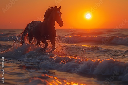 Sunset horseback ride along the shore, waves softly breaking