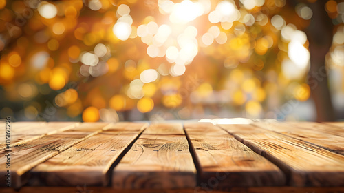 The empty wooden table top with blur background of autumn Exuberant image   Generative AI