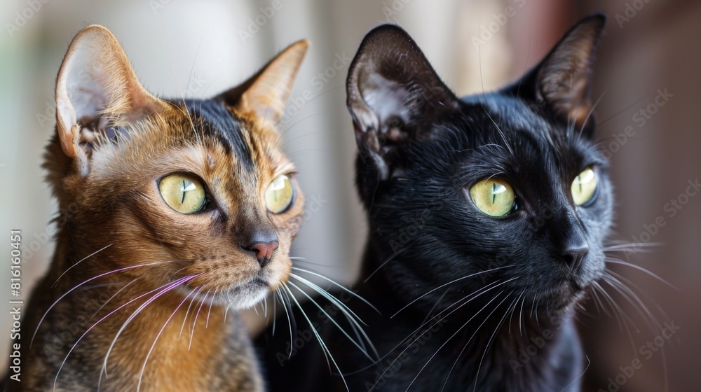 Two mesmerizing cats caught in a moment of contemplation, looking attentively outdoors Two mesmerizing cats caught in a moment of contemplation, looking attentively outdoors