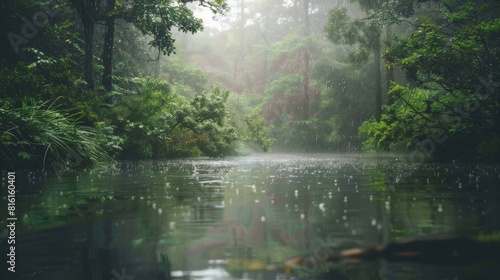 A peaceful forest river with raindrops creating a misty  serene atmosphere and reflections on the water.