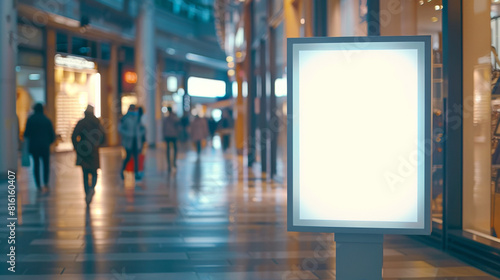 front view of blank white lightbox in the middle of shopping mall, people walking around blurred background, ultra realistic photography