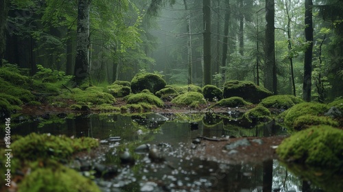 A serene forest clearing with moss-covered rocks  the ground soaked and puddles forming from the rainfall.