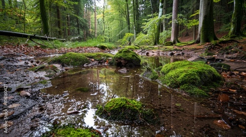 A serene forest clearing with moss-covered rocks  the ground soaked and puddles forming from the rainfall.