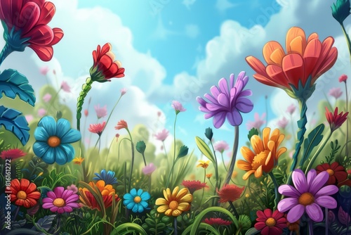 Vibrant and colorful enchanted flower meadow landscape illustration in a fairytalelike. Whimsical. And fantasyinspired garden. With lush and blooming flora