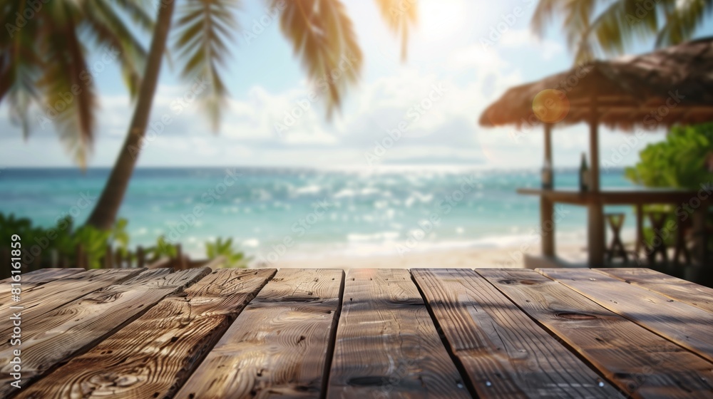 Fototapeta premium Sunlit Tropical Paradise: Palm Trees, Beach, and Wooden Deck