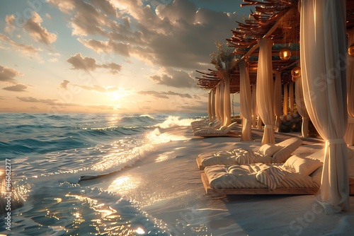 Beachside cabanas sway in the breeze as waves pound the shore, a luxurious haven amidst the summer's tumult. photo