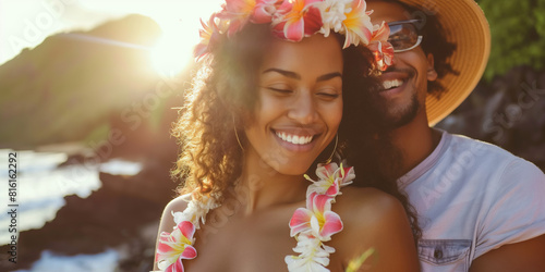 Portrait of young attractive couple with exotic flowers around them in Hawaiian landscape. Celebrating National Hawaii Day.