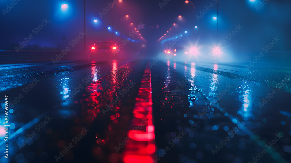 Φωτογραφία View empty dark night blue foggy misty rainy highway city road backlight red tra