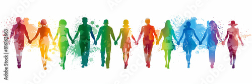 A row of watercolor rainbow colored human figures holding their hands on white background. Diversity and Inclusion concept.