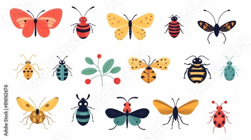 A diverse collection of illustrated insects and butterflies with a flat design, showcasing a range of colors, patterns, and species © Damerfie