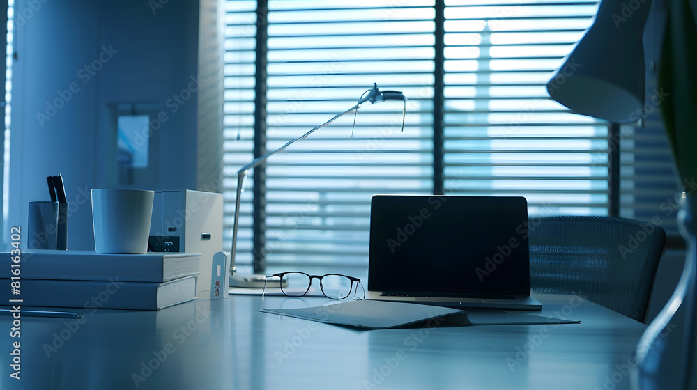 Modern and empty office desk with a laptop computer and eyeglasses Still life shot of a professional working space in a coworking office : Generative AI Modern and empty office desk with a laptop computer and eyeglasses Still life shot of a professional working space in a coworking office : Generative AI