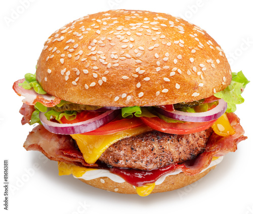 Beef patty burger with vegetables and lettuce on white background. File contains clipping path.