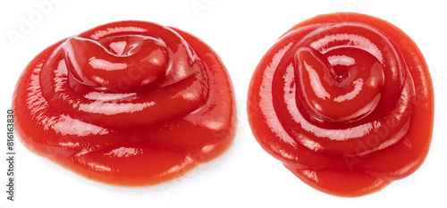 Tomato sauce or ketchup stain blob closeup on white background. File contains clipping path.