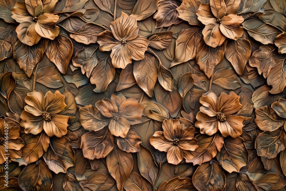 Close-up of a decorative floral relief with intricate bronze petals Close-up of a decorative floral relief with intricate bronze petals
