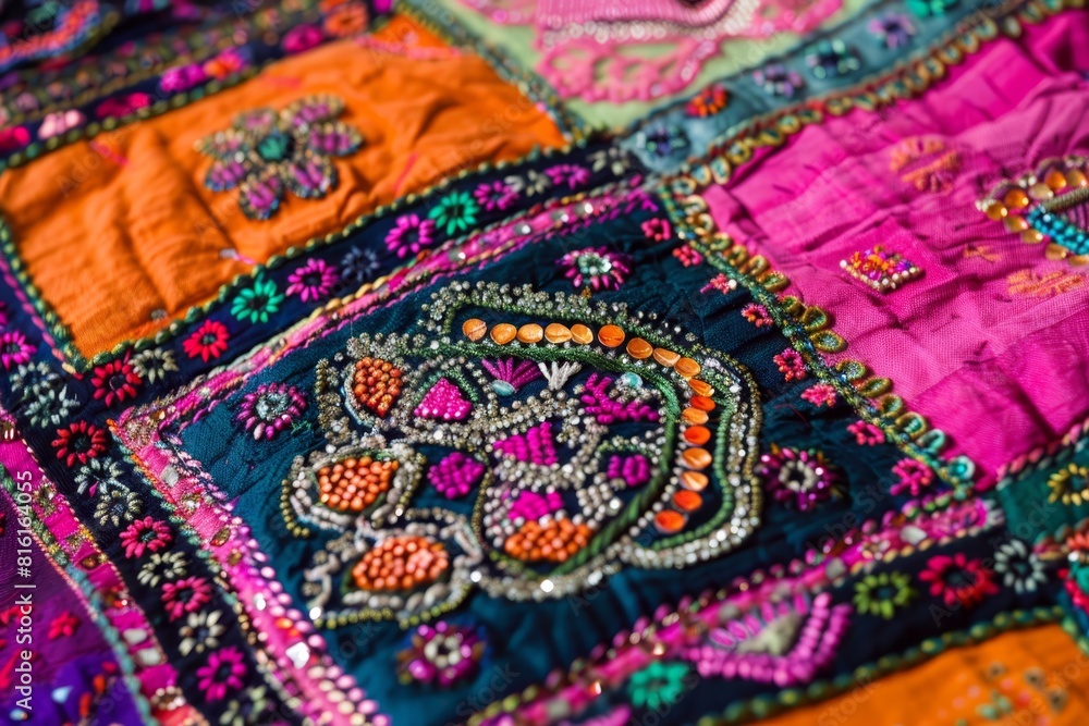 Close-up of colorful traditional embroidery textile with intricate patterns and designs Close-up of colorful traditional embroidery textile with intricate patterns and designs