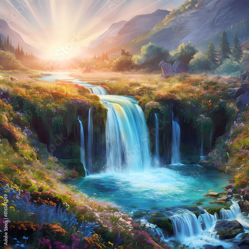 Nature Scene Colorful Waterfall and Flowers at Sunset.  cinematic  painting  illustration