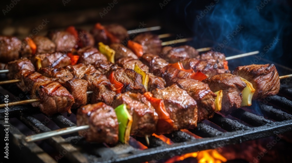 Juicy chunks of meat skewered with vegetables grilled over an open flame, showcasing the vibrant colors and smoky atmosphere Juicy chunks of meat skewered with vegetables grilled over an open flame, showcasing the vibrant colors and smoky atmosphere