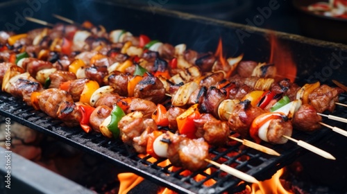 Freshly grilled skewers of mixed meats and vegetables release a tantalizing aroma over fiery charcoals