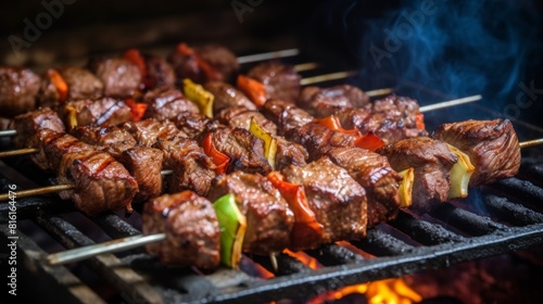 Juicy chunks of meat skewered with vegetables grilled over an open flame, showcasing the vibrant colors and smoky atmosphere