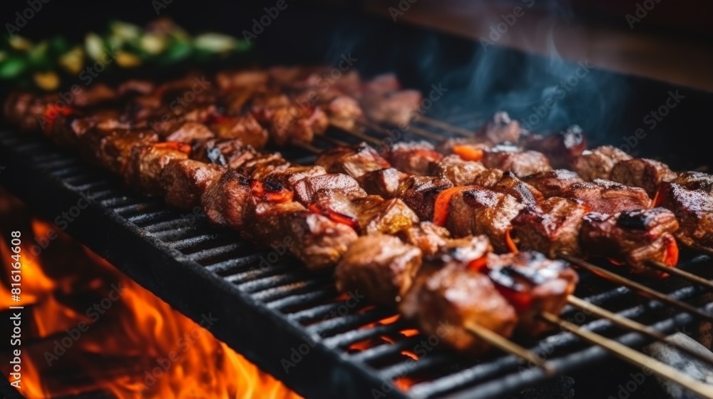Capturing the essence of a barbecue with skewers of meat and vegetables on a charcoal grill, smoke rising up Capturing the essence of a barbecue with skewers of meat and vegetables on a charcoal grill, smoke rising up