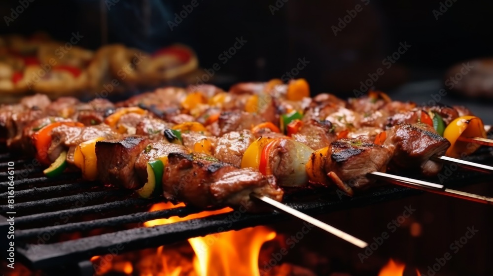 Sizzling skewers of succulent meat and colorful vegetables grilling on open flame, capturing the essence of summer BBQ