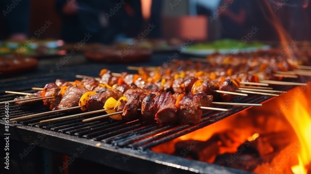 An enticing close-up of marinated meats and fresh vegetables grilling on a fiery barbecue, perfect for food enthusiasts
