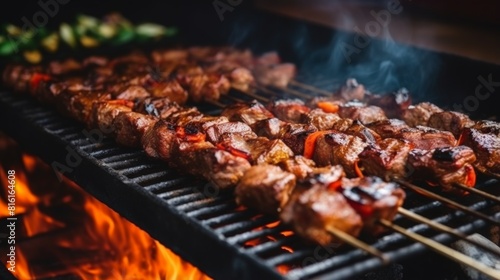 Capturing the essence of a barbecue with skewers of meat and vegetables on a charcoal grill, smoke rising up